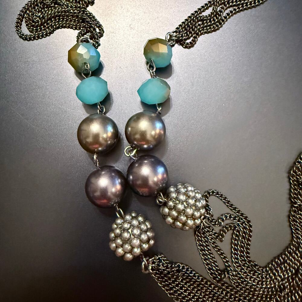 Roman Long Multi-Strand Gun Metal Blue Beaded Chain Necklace